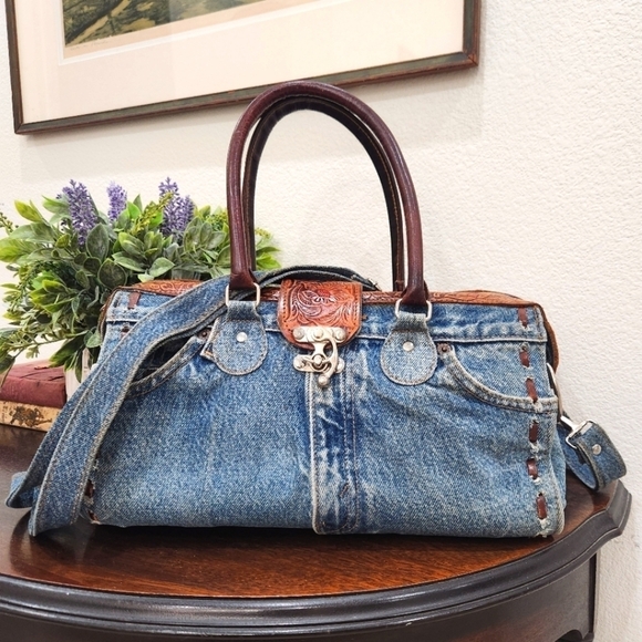 Levi's Handbags - Vintage Levi's Tooled Leather and Blue Denim Crossbody Bag, Purse, Women's OS